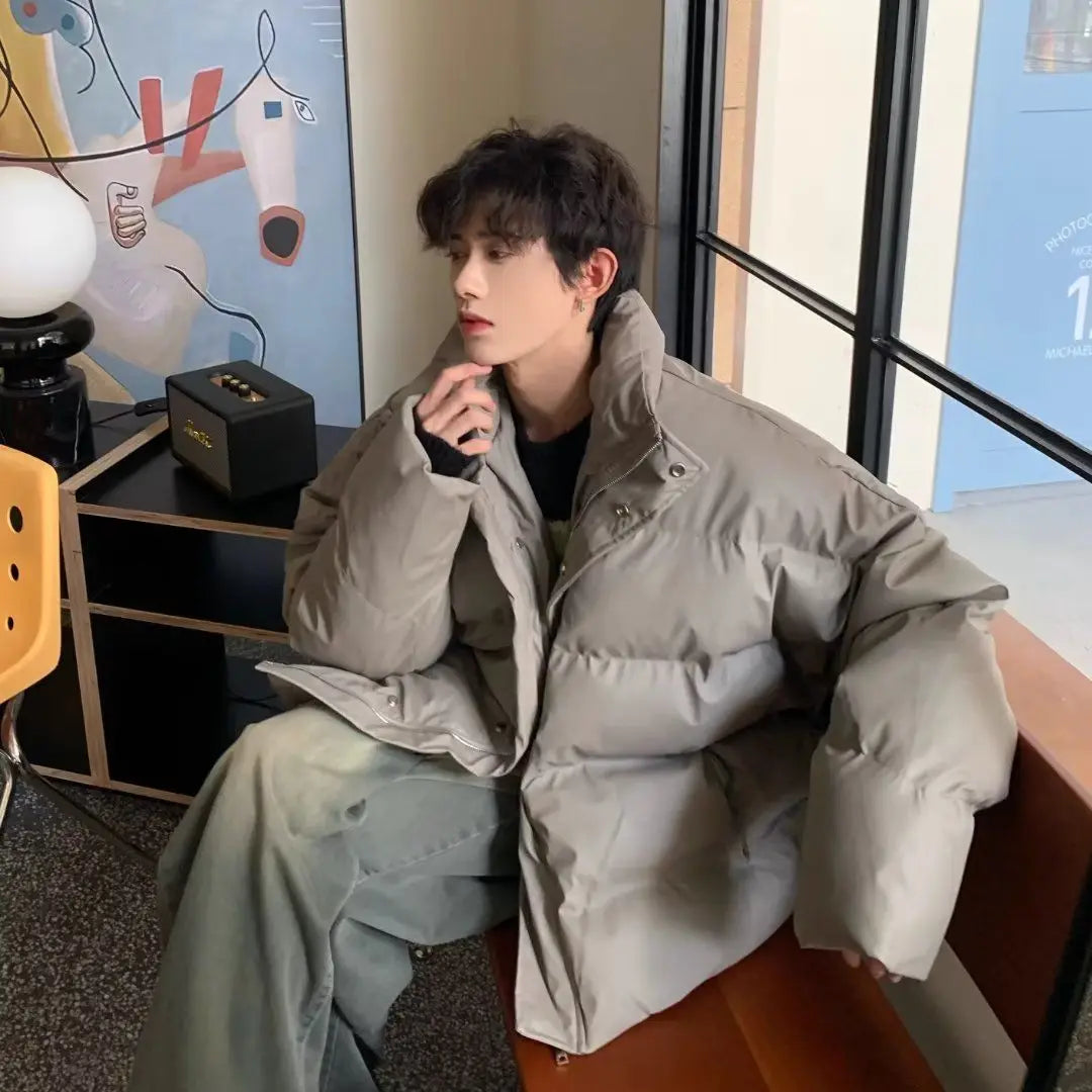 Winter Korean style stand up collar trend PU leather men and women high-end feeling thick cotton jacket couple loose casual top Street King Limited