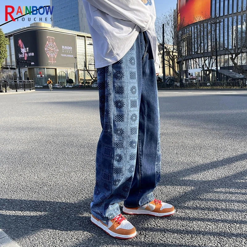 rainbowtouches bandana paisley pants mens high street color matching full print straight hip hop retro legged casual pant unisex minimalist street pants