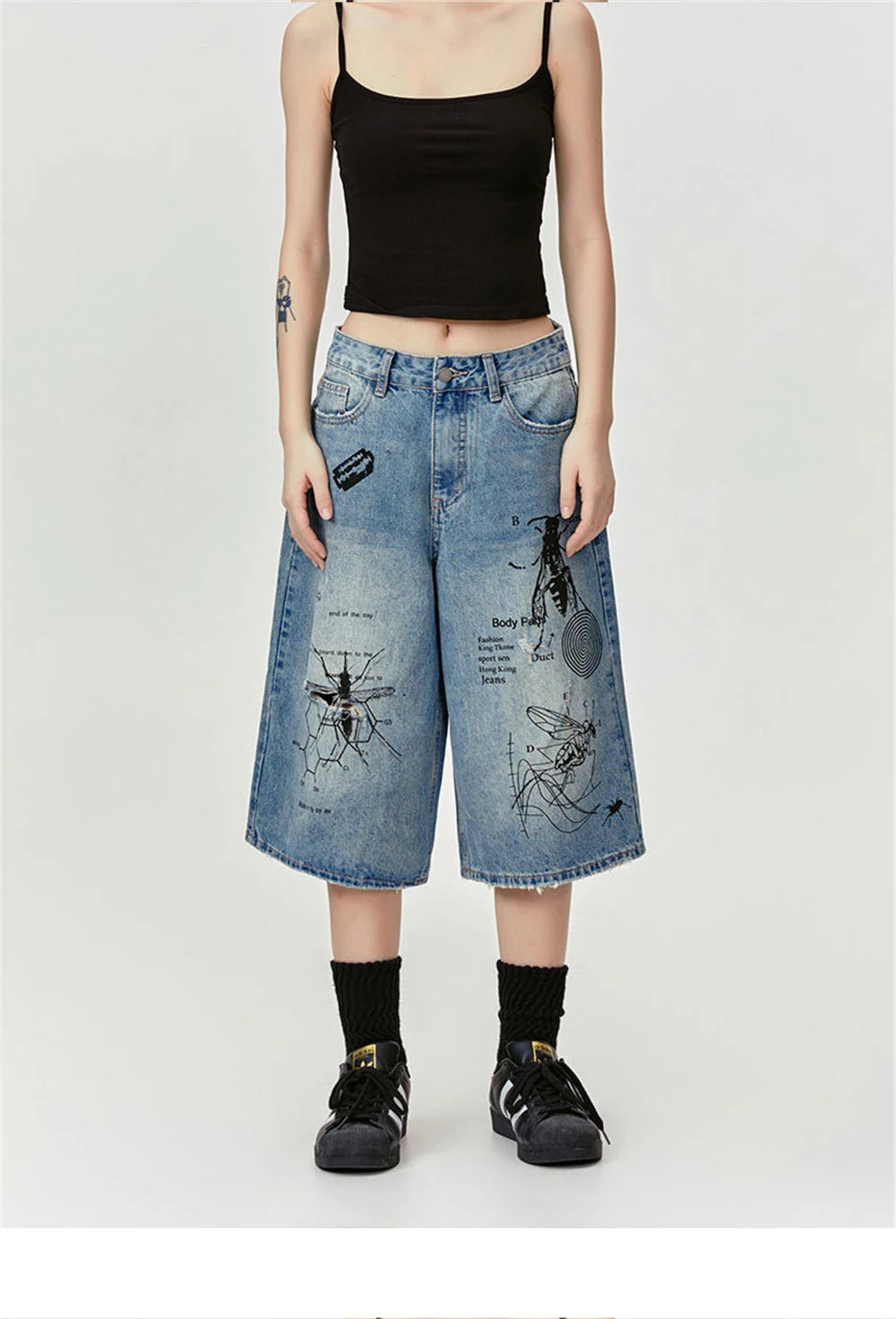 Men's Ripped Denim Shorts 2024 Summer Fashion Graffiti Insect Patterned Jeans Shorts Harajuku Streetwear Short Pants Y2K Street King Limited