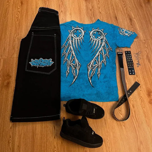 harajuku tapout and wexwear suit graphic embroidered jeans black y2k skateboard pants jeans tracksuit t shirt for men streetwear ripped baggy denim