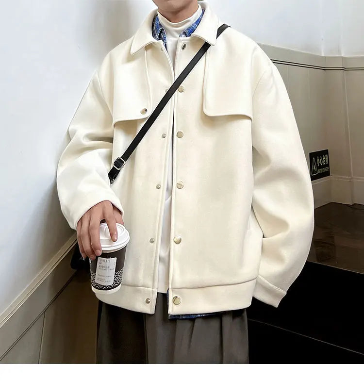 Winter Short Woolen Coat Men Warm Retro Thickened Woolen Jacket Men Streetwear Korean Loose Woolen Coat Mens Oversized Overcoat Street King Limited