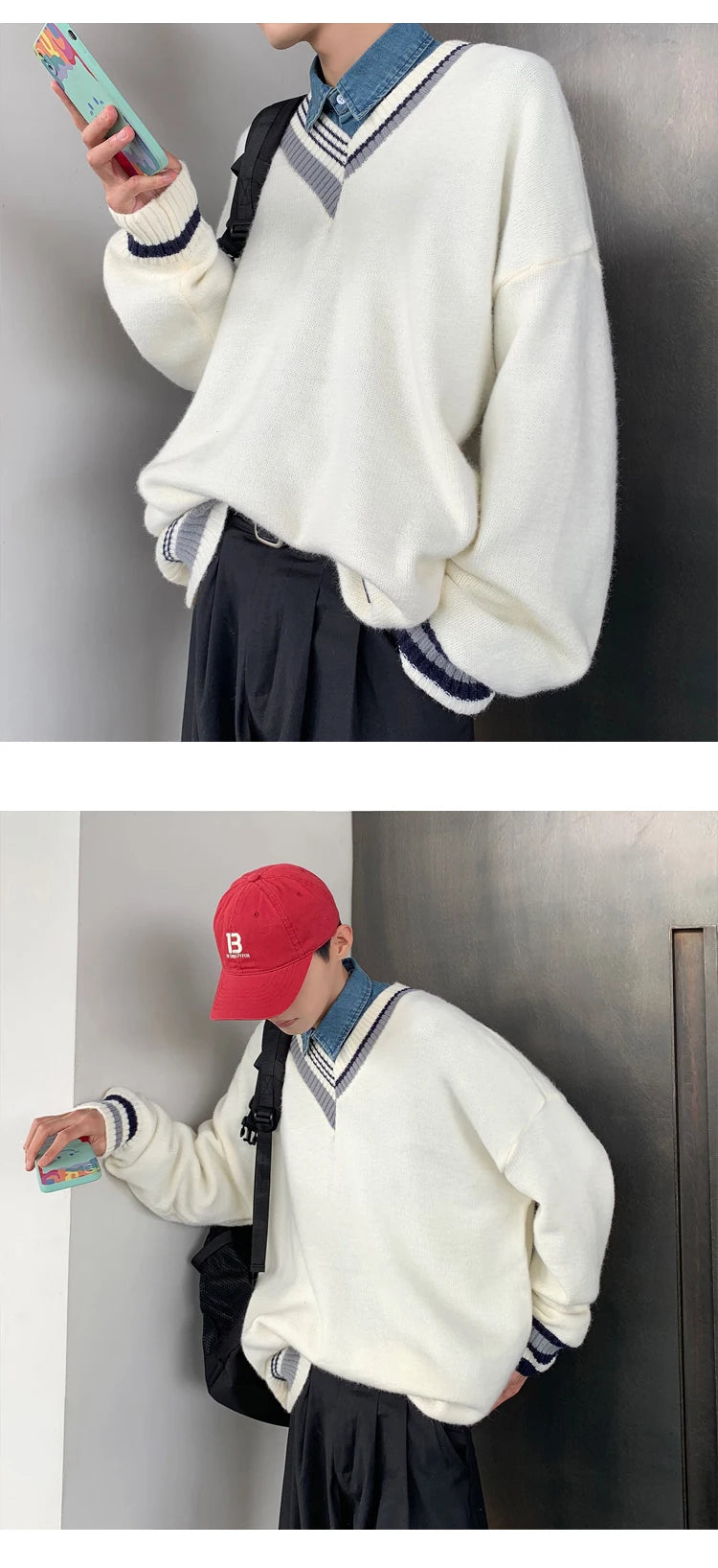 Pullovers Men Sweater Patchwork Ins Fashion Winter Design Couple V-neck Harajuku Knitwear Loose Students Simple Ropa Para Hombre Street King Limited
