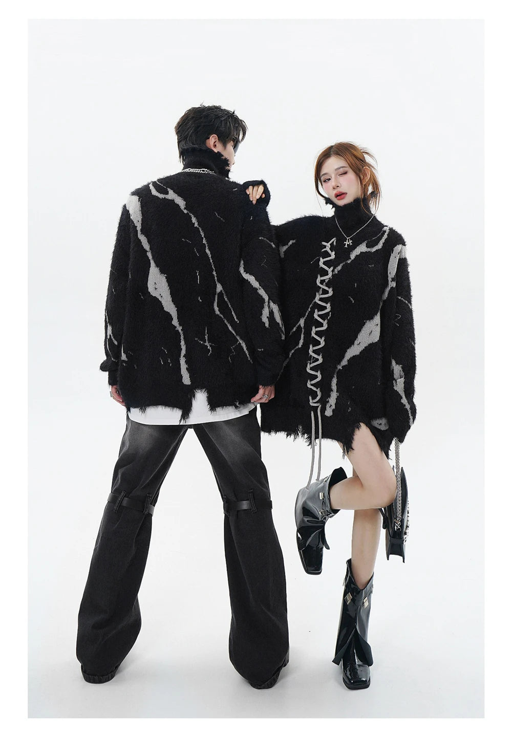 Distressed Splicing Turtleneck Sweaters Men Women Pullover Knit Sweater Jumper Fall Winter Hip Hop Streetwear Black Sweater Y2K Street King Limited