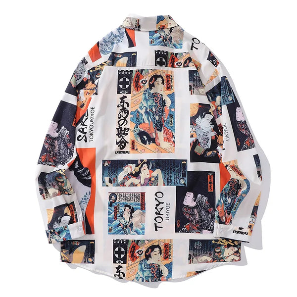 Japanese Retro Ukiyo-e Painting Graphic Printed Long Sleeve Shirts for Men Autumn Fashion Oversized Lapel Single Breasted Shirt Street King Limited