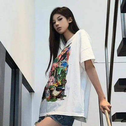 Summer t-shirt short-sleeved women's pure cotton student lazy style ins trend Korean round neck loose slim abstract y2k tops emo Street King Limited