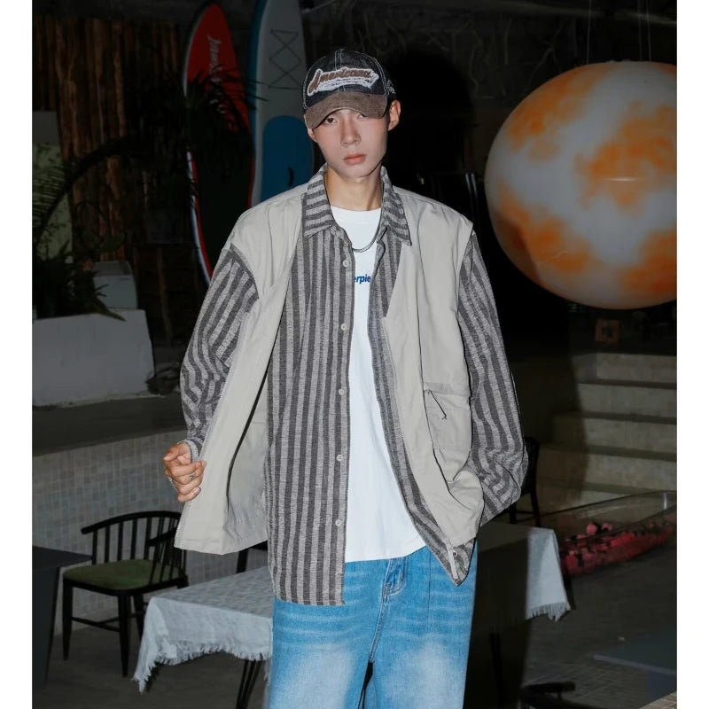 striped mens shirt jacket 2024 spring japanese street color blocked fake two coats vest tooling trend zipper long sleeved tops unique default style 2376