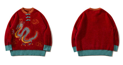 Hip Hop Knitted Sweater Unisex New Year Chinese Tie Dragon Pattern Pullover Streetwear Casual Loose Sweater Warm Jumper Knitwear Street King Limited