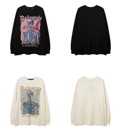 Harajuku Skull Skeleton Printed O-neck T-shirt Men Hip Hop Oversized Tshirt Fashion Unisex Casual Cotton Long Sleeve Tops Tees Street King Limited