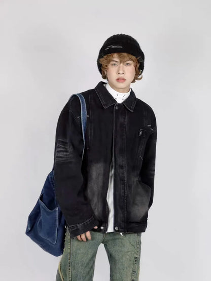 high street washed denim jacket mens 2024 spring trend oversize hip hop male coats color blocking motorcycle street outwear y2k unique jeans style 3628