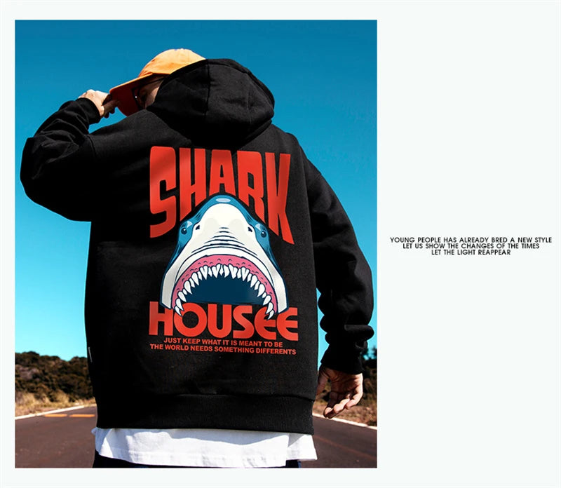 New in Anime Shark Graphic Printed Hooded Sweatshirts Men Hip Hop Fashion Pullover Hoodies Y2K Streetwear Loose Fleece Hoody Street King Limited