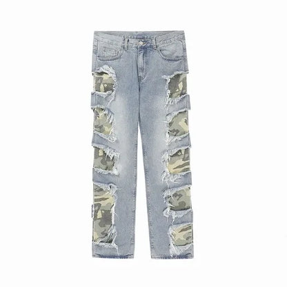 side destroyed ripped holes denim jeans pants mens casual patchwork camouflage loose straight joggers hip hop streetwear jeans unique joggers style 3062