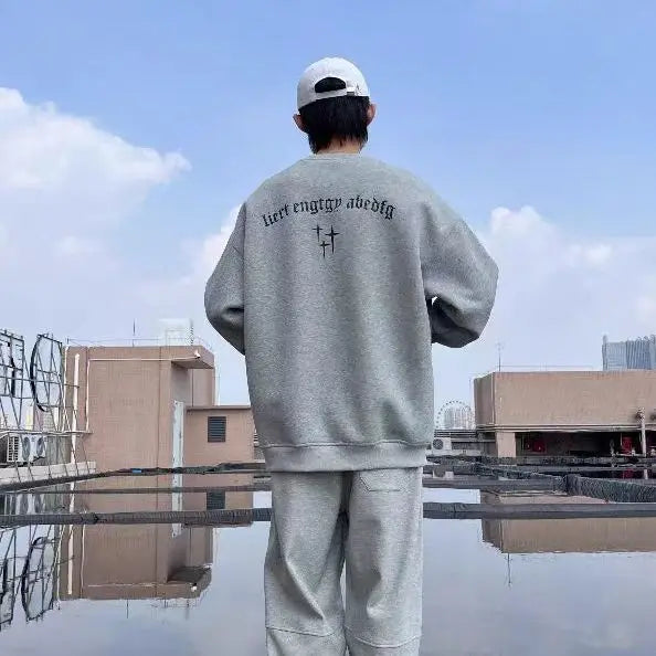 Trendy Korean Personalized Street Sweatshirt Men American Fashion Brand High Street Hip Hop Letter Round Neck Long Sleeved Top Street King Limited