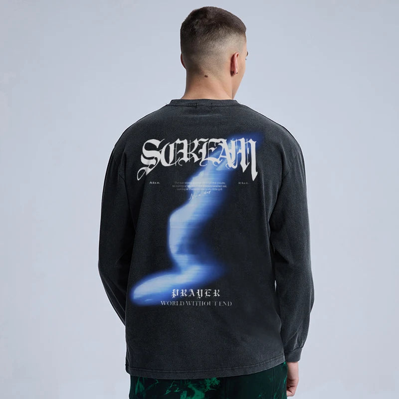 Rainbowtouches Washed Long Sleeve T-Shirts Vintage Pattern Long T-Shirts Men High Street Fashion Washing Oversized Men Street King Limited