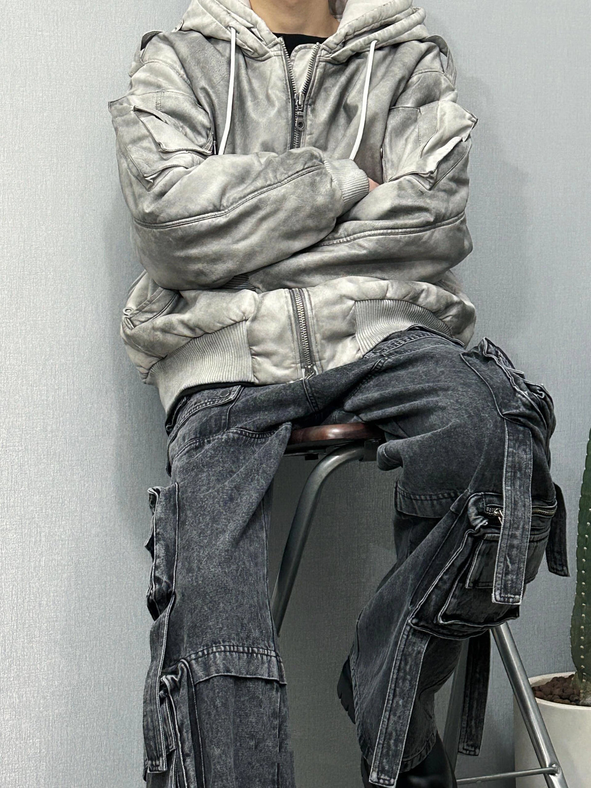 new arrival vintage heavyweight dirty grey double layer hooded leather jacket with multiple pockets zipper design cotton jacket unique default style 129