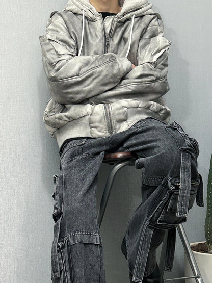 new arrival vintage heavyweight dirty grey double layer hooded leather jacket with multiple pockets zipper design cotton jacket unique default style 129