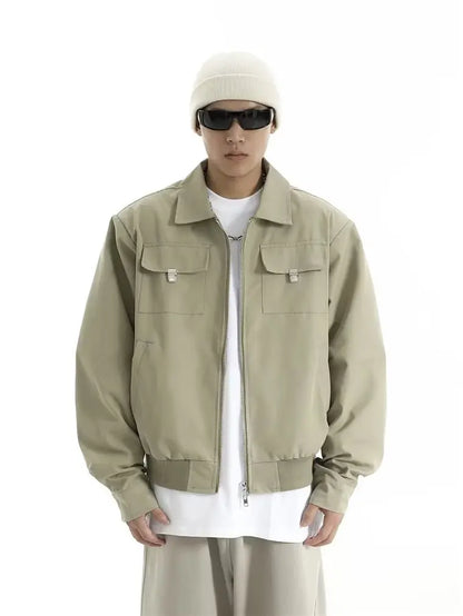 high street tooling bomber jacket mens spring retro double pocket loose short pilot coats lapel zipper khaki baseball jersey unique shorts style 3207