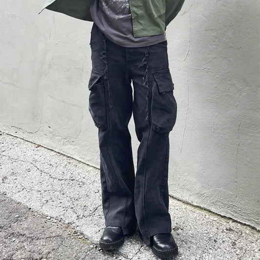 y2k streetwear tassel multi pocket jeans for men straight solid baggy cargo pants pantalones hombre casual denim trousers baggy cargo bottoms
