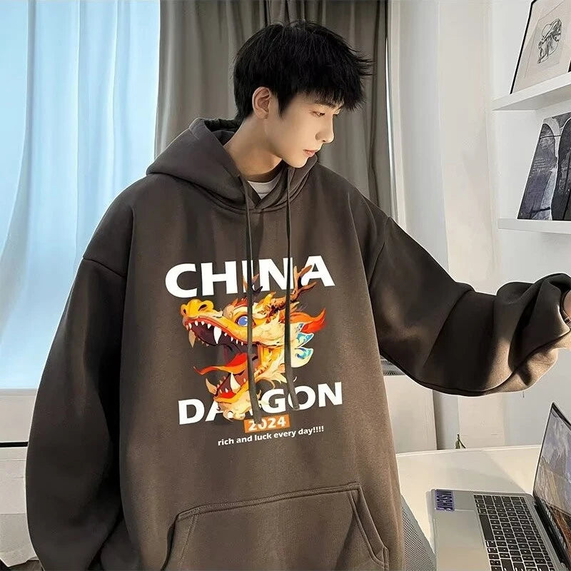 2024 New China Dragon Graphic Hoodies Men Hip Hop Streetwear Hoodie Sweatshirt Harajuku Fleece Printed Pullover Hoody Clothes Street King Limited