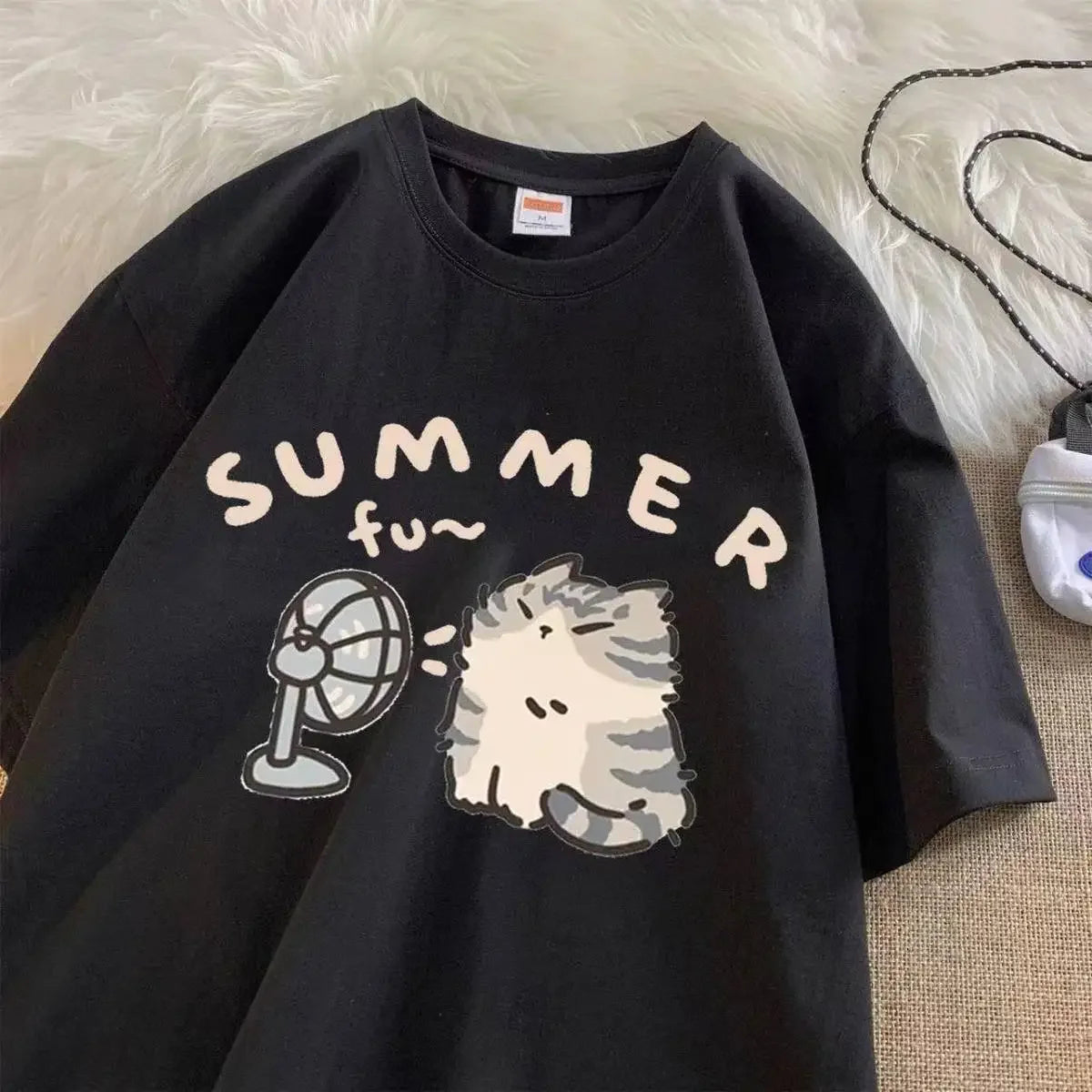 American Street Creative Blow Fan Cat Pure Cotton T-shirt for Men and Women Summer Relaxed Short Sleeve Couple Wear INS Top Street King Limited
