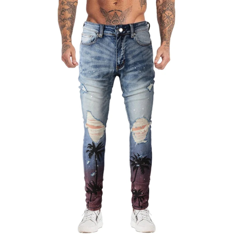 high street printed ripped holes denim jeans mens casual slim fit biker zipper trousers streetwear hip hop jean pants joggers unique joggers style 2446