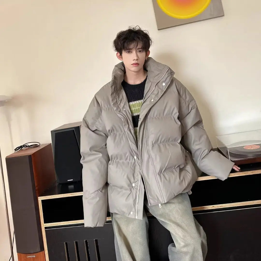 Winter Korean style stand up collar trend PU leather men and women high-end feeling thick cotton jacket couple loose casual top Street King Limited