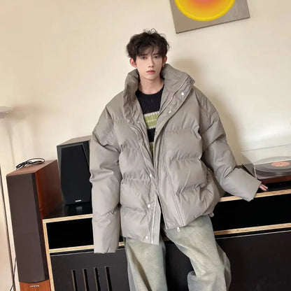 Winter Korean style stand up collar trend PU leather men and women high-end feeling thick cotton jacket couple loose casual top Street King Limited