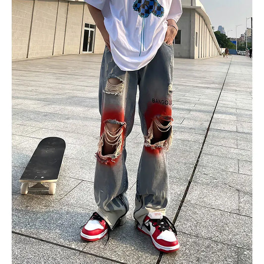 knee graffiti ripped holes denim jeans men unisex casual fire printed bottom zipper jeans streetwear hip hop jean pants joggers sporty tapered joggers