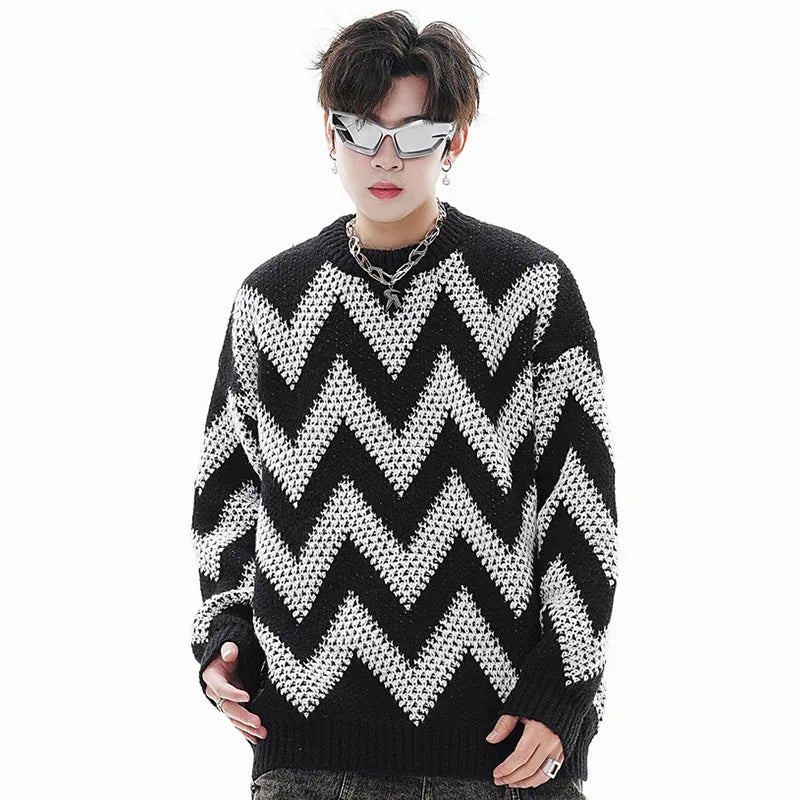 Men's Contrast Striped Knitted Sweater High Street Diamond Check Pullover Oversized Loose Thickened Jumpers Trendy Hip-Hop Tops Street King Limited