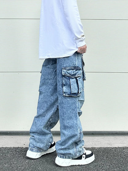fashion loose streetwear cargo denim jeans unisex casual multi pocket wide legs jean pants hip hop joggers mens baggy jeans relaxed fit joggers