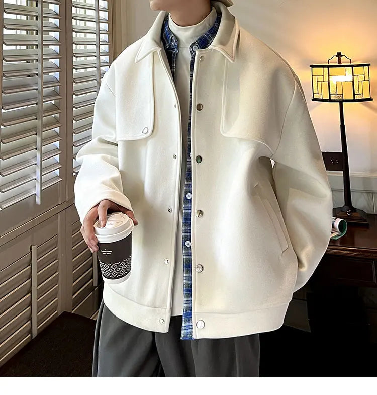 Winter Short Woolen Coat Men Warm Retro Thickened Woolen Jacket Men Streetwear Korean Loose Woolen Coat Mens Oversized Overcoat Street King Limited