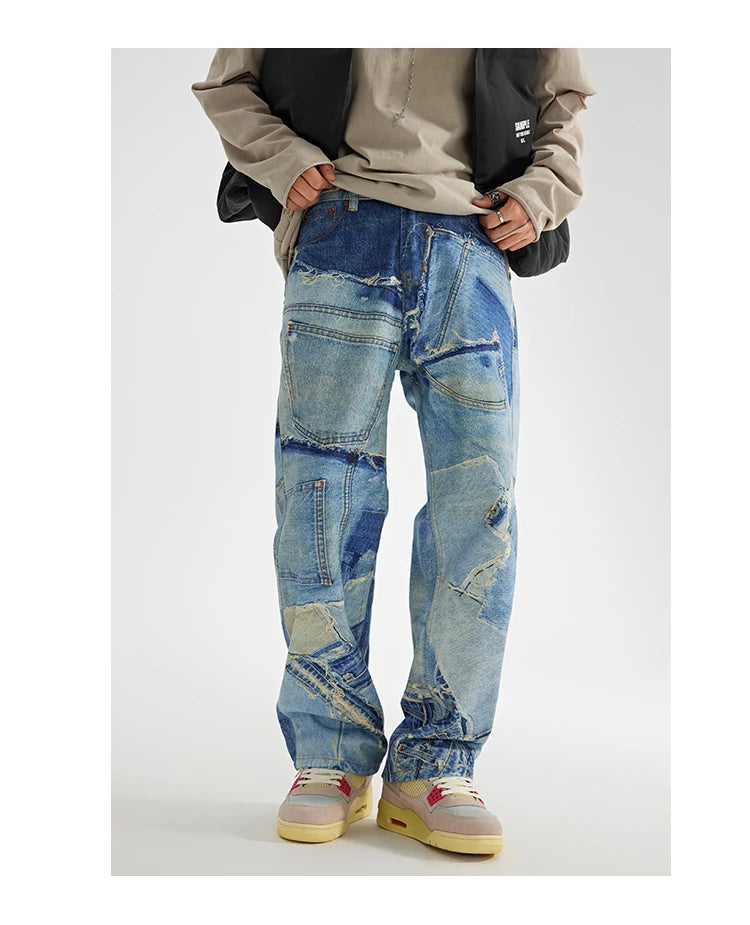 fashion fake patchwork printed denim jeans mens new casual zipper straight loose jeans streetwear hip hop baggy pants joggers unique joggers style 1410
