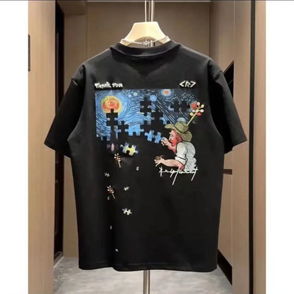 American hip-hop personality starry sky print round neck short sleeved men and women summer trend loose casual T-shirt top y2k Street King Limited