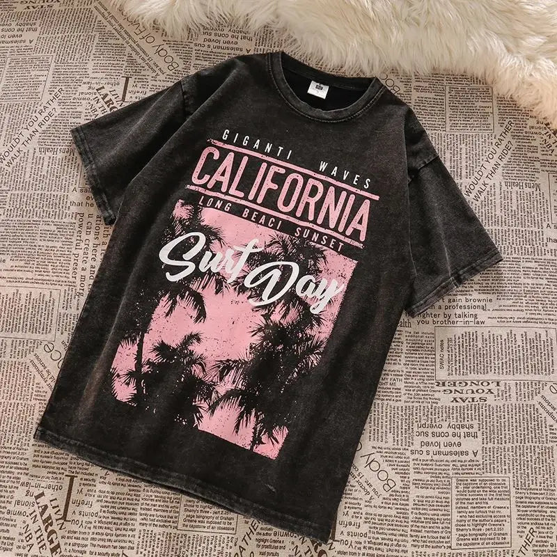 Retro washed and distressed heavyweight pure cotton short-sleeved men's and women's T-shirts with loose design letter y2k tops Street King Limited