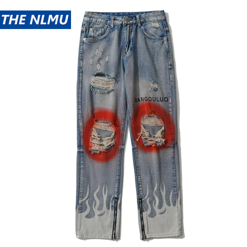 Men's Vintage Jeans 2023 New Ripped Holes Straight Denim Pants Streetwear Hip Hop Harajuku Jeans Trousers Street King Limited