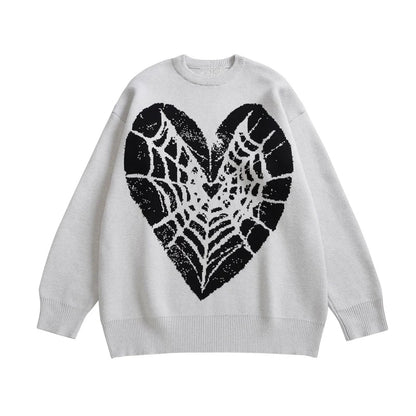 Hip Hop Knitted Sweater Men Winter O-neck Anime Spider Web Pattern Pullover Streetwear Casual Loose Sweater Warm Jumper Knitwear Street King Limited