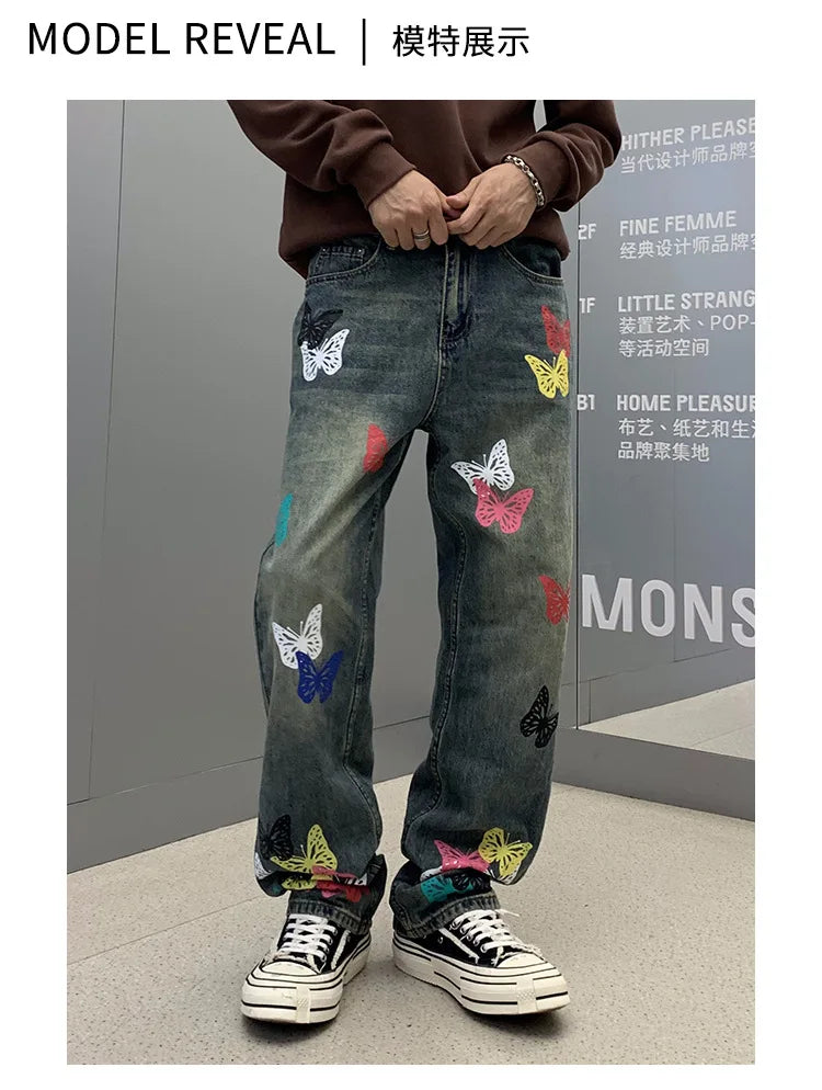 butterfly print jeans men streetwear fashion vibe loose casual hiphop straight washed denim pant jeans cityboy teen trousers unique jeans style 2559