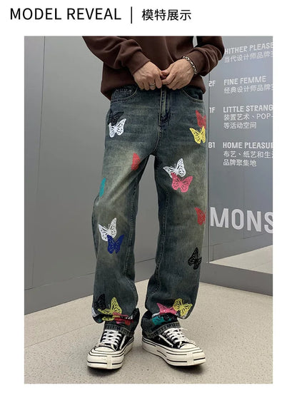 butterfly print jeans men streetwear fashion vibe loose casual hiphop straight washed denim pant jeans cityboy teen trousers unique jeans style 2559