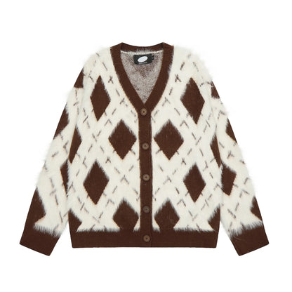 2024 New College Casual Mens Cardigan Autumn Diamond Grid Color Block Street Unisex Knitted Jacket Loose V-neck Sweater Coats Street King Limited