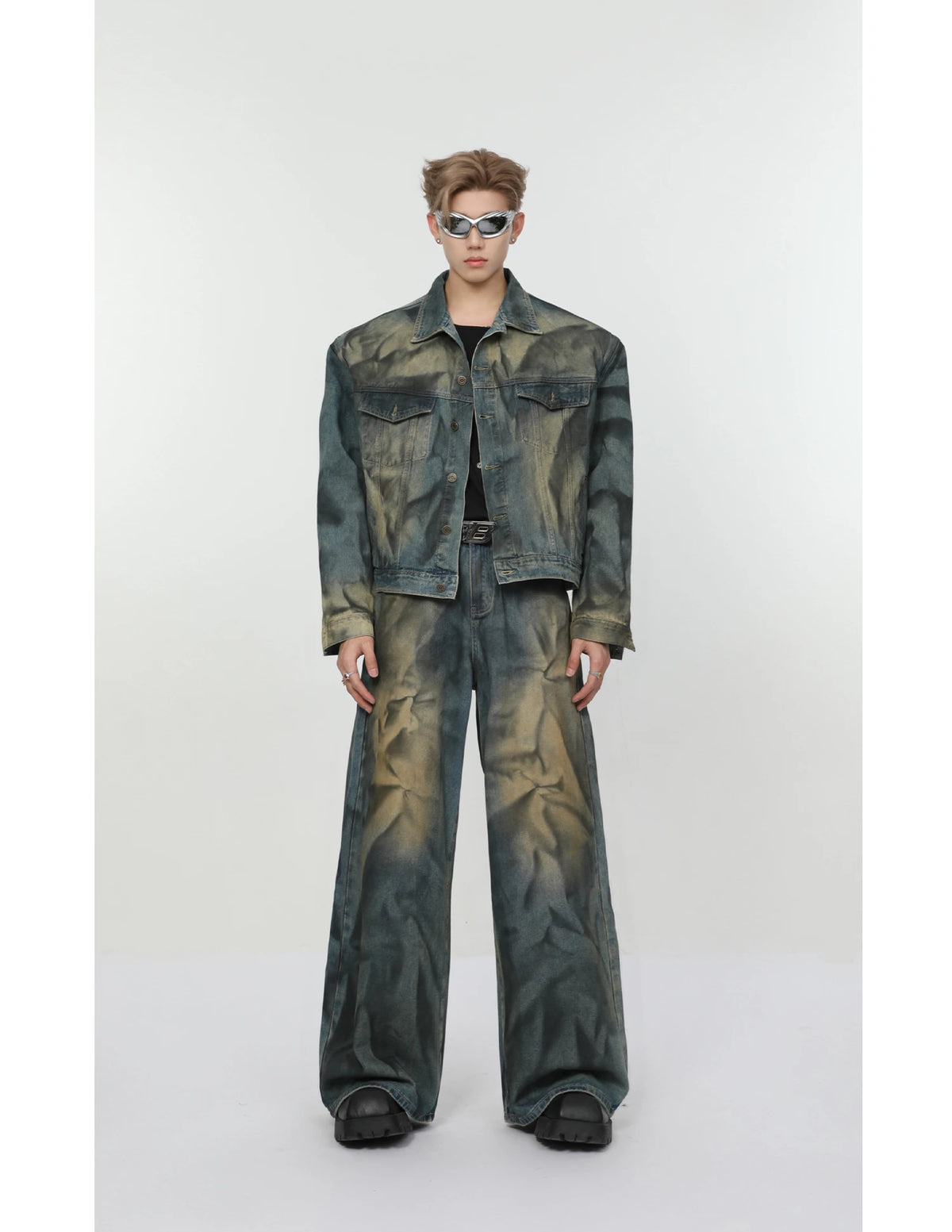 2 pieces sets mens fashion dirty graffiti wide shouder denim jeans jacket coat and wide legs pants joggers new streetwear sets unique joggers style 3565