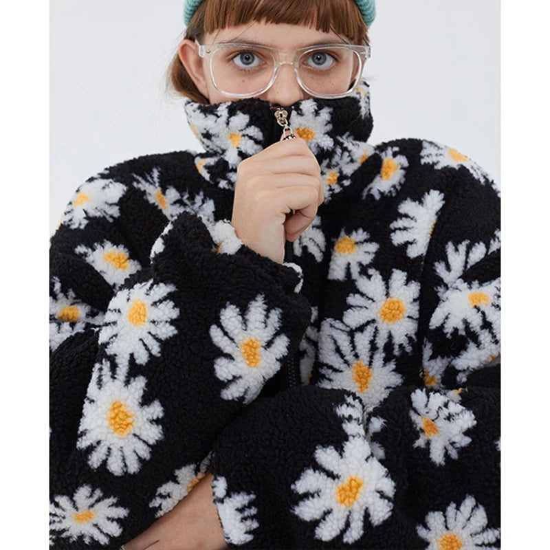 rainbowtouches cotton padded thick parkas jackets streetwear hip hop daisy print fleece warm full zip coats harajuku outwear clean everyday pants