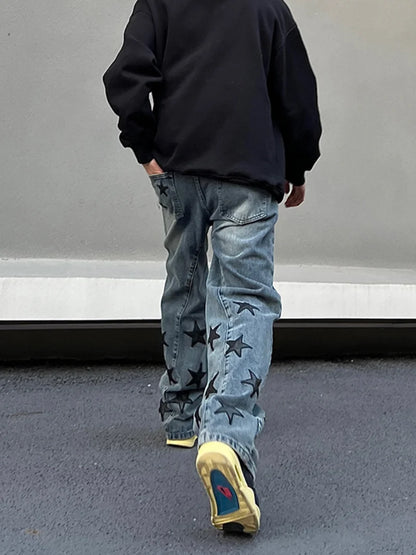 mens high street stars embroidery denim jean pants casual loose straight jeans hip hop y2k unisex pants streetwear joggers relaxed fit joggers