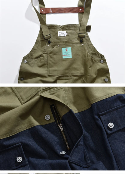 2023 summer cargo overalls pants men patchwork denim jumpsuits loose work pants solid color casual streetwear cargo trousers unique cargo style 4332