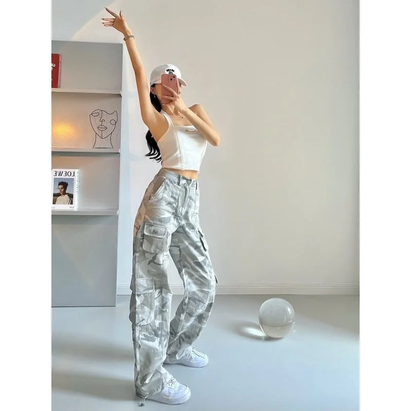 Camouflage grey cargo pants women American vintage streetwear straight loose summer hiphop hot pants ins cargo pants womens 2023 Street King Limited