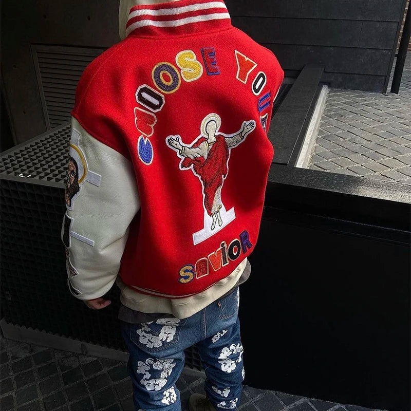 high street color block graffiti embroidery baseball jacket mens leather sleeve woolen patchwork stand oversized winter coats menswear bottoms
