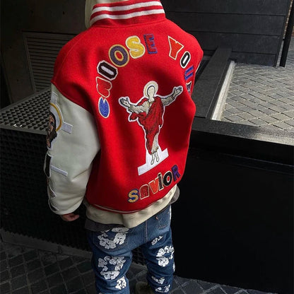 high street color block graffiti embroidery baseball jacket mens leather sleeve woolen patchwork stand oversized winter coats menswear bottoms