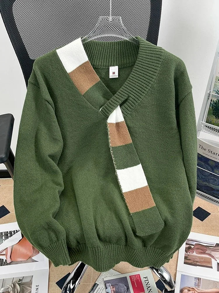 New Men's Scarf Collar Striped V-neck Sweater Female Long Sleeve Autumn Knitted Jumpers Korean Fashion Y2K Patchwork Knitwear Street King Limited