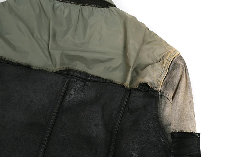 new 2023 gentleman men rick patchworked waxed deconstructed denim heavy baseball coats jackets abstract digital coat warm 719 ripped baggy denim
