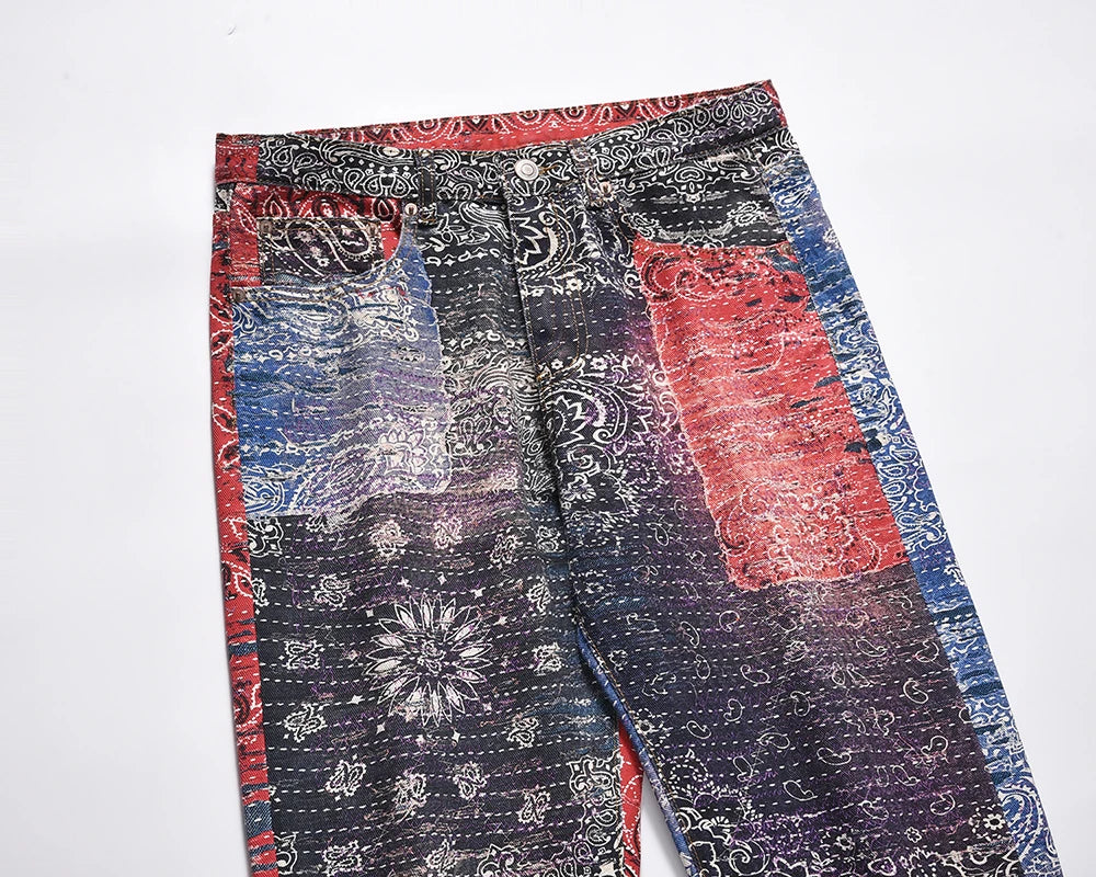 hip hop distressed paisley patchwork baggy jeans pants for men straight y2k ripped casual cargos oversized denim trousers multi-pocket cargos