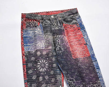 hip hop distressed paisley patchwork baggy jeans pants for men straight y2k ripped casual cargos oversized denim trousers multi-pocket cargos