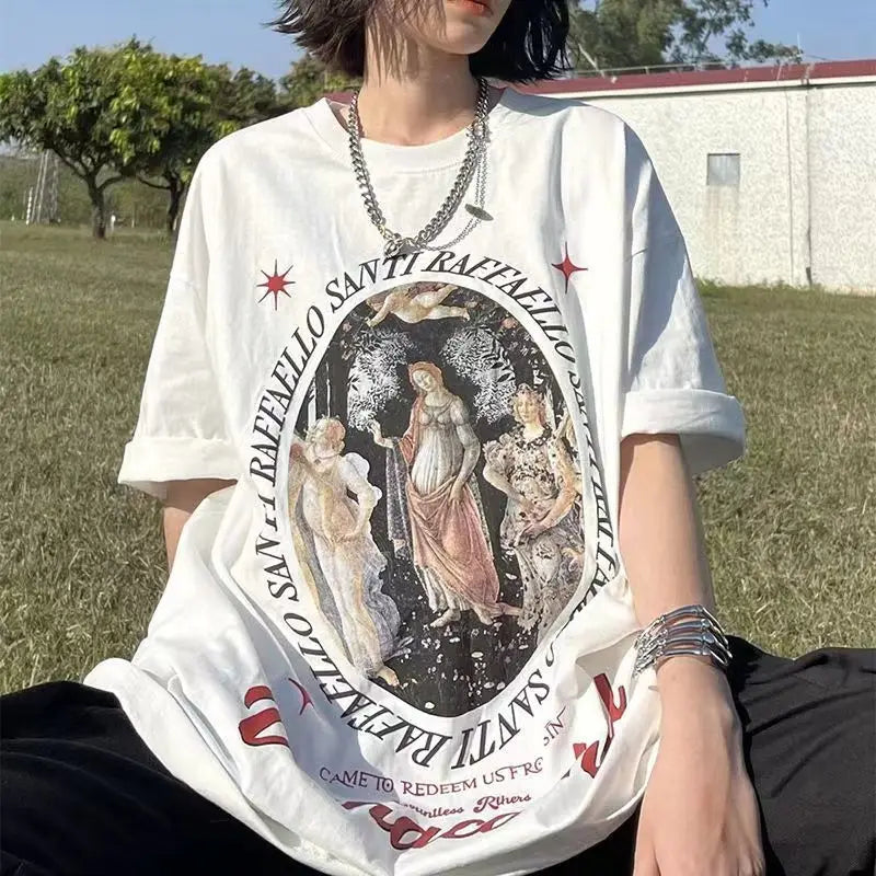 Pure cotton American retro right shoulder T-shirt for men and women in summer versatile loose half-sleeved American short sleeve Street King Limited